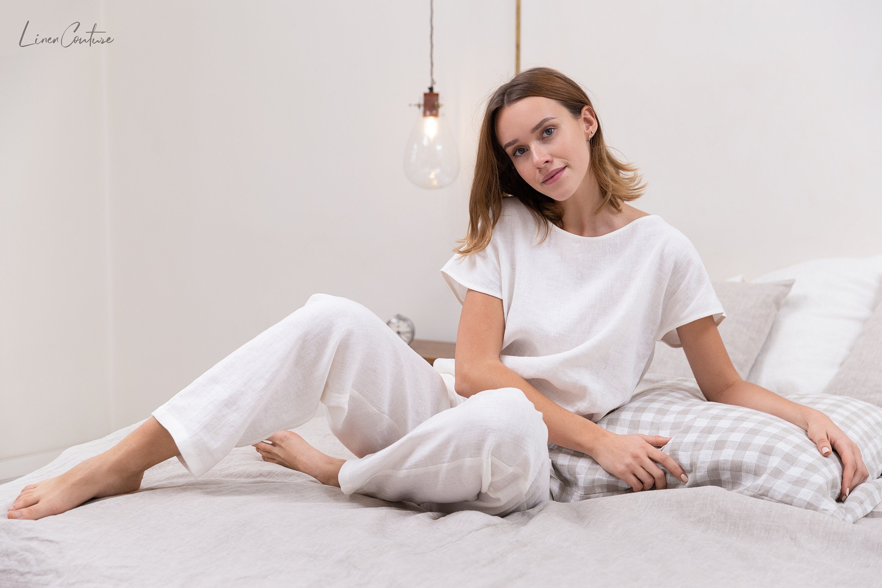 iBEKEEN White linen / Natural Linen Pajama set / Linen loungewear / Linen