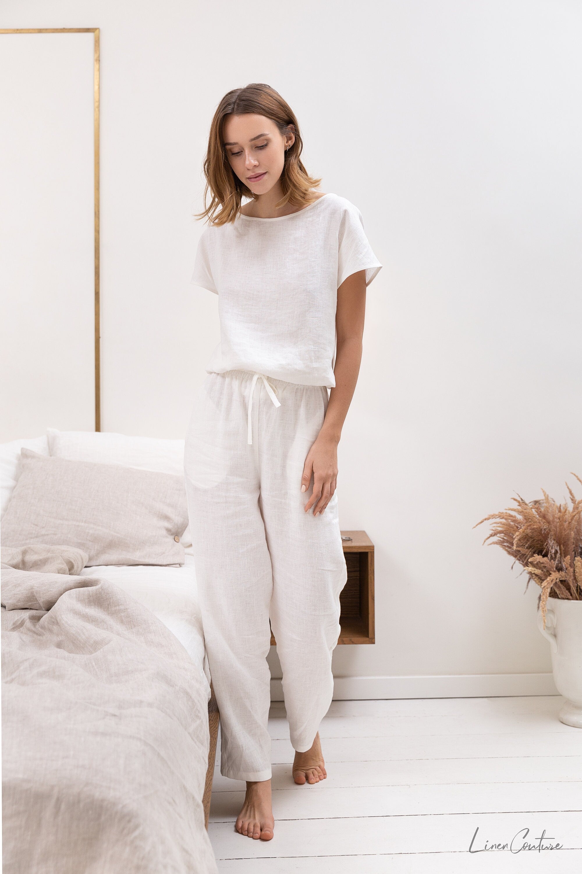 iBEKEEN White linen / Natural Linen Pajama set / Linen loungewear / Linen