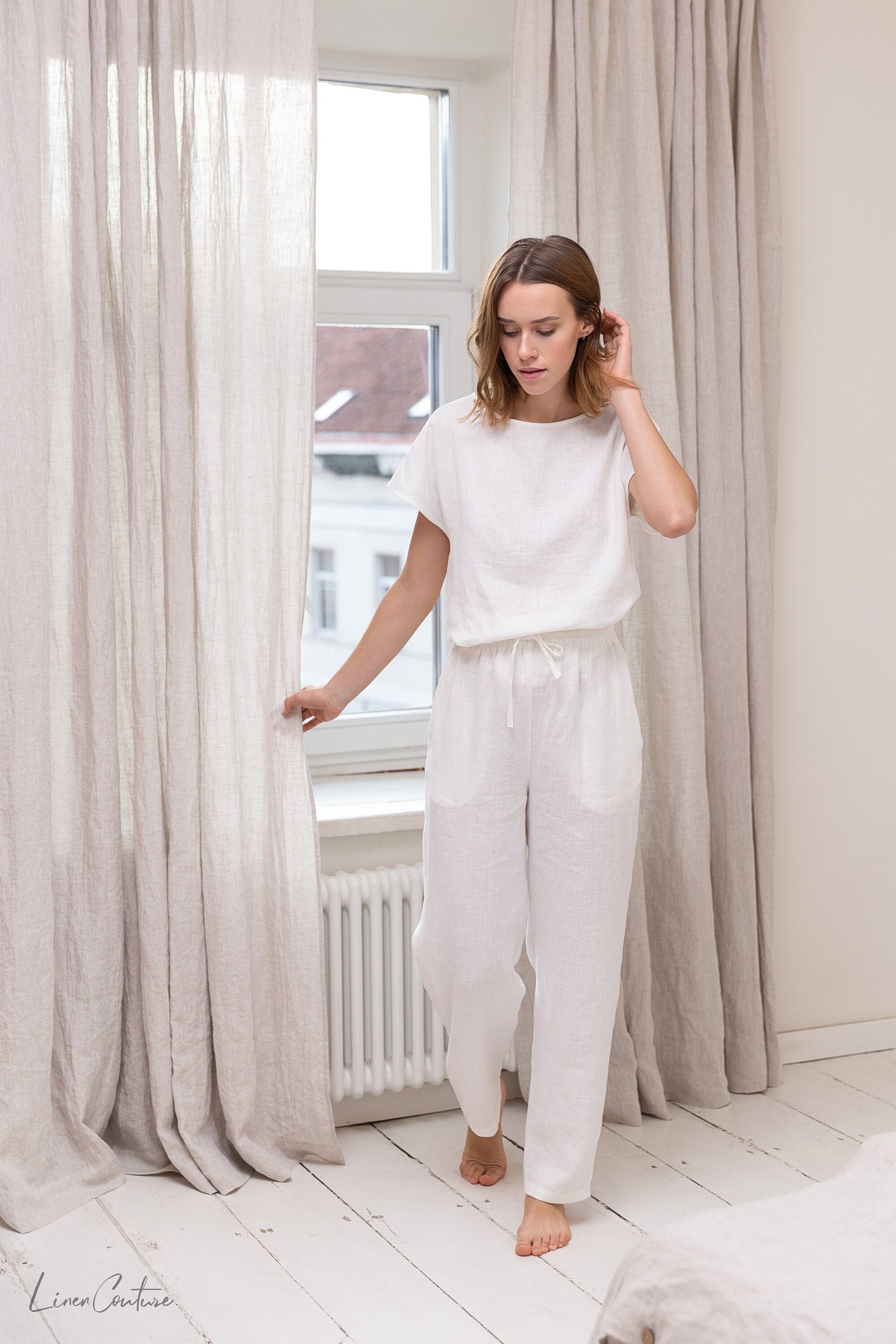iBEKEEN White linen / Natural Linen Pajama set / Linen loungewear / Linen