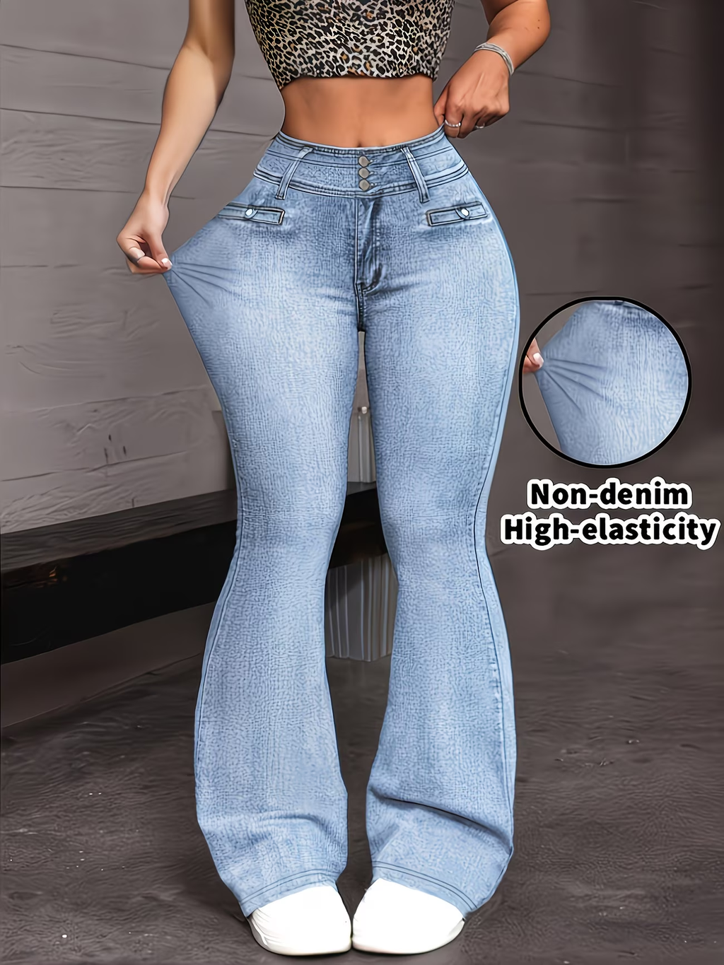 iBEKEEN | Printed Faux Denim Flare Leggings